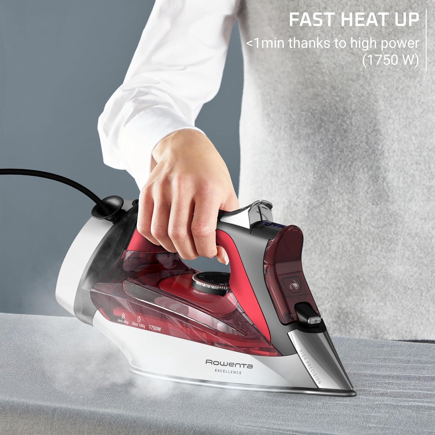 image:imageRowenta Iron Focus Excellence Stainless Steel Soleplate Steam Iron for Clothes Retractable Cord 400 Microsteam Holes Powerful steam LED Display 1750 W Ironing Clothes Cordreel Red DW5433Powerful Steam Boost Retractable Cord