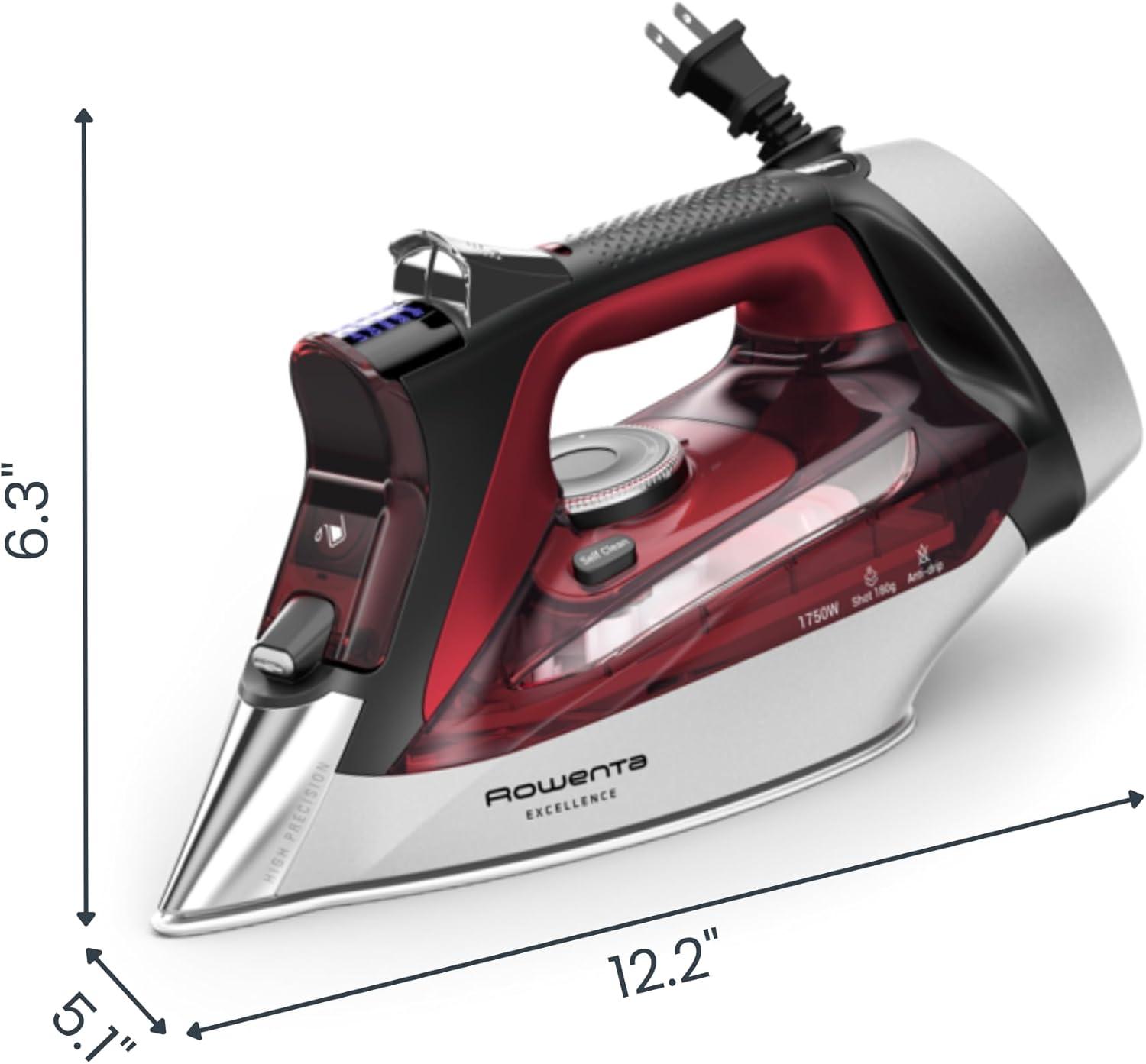 image:imageRowenta Iron Focus Excellence Stainless Steel Soleplate Steam Iron for Clothes Retractable Cord 400 Microsteam Holes Powerful steam LED Display 1750 W Ironing Clothes Cordreel Red DW5433Powerful Steam Boost Retractable Cord