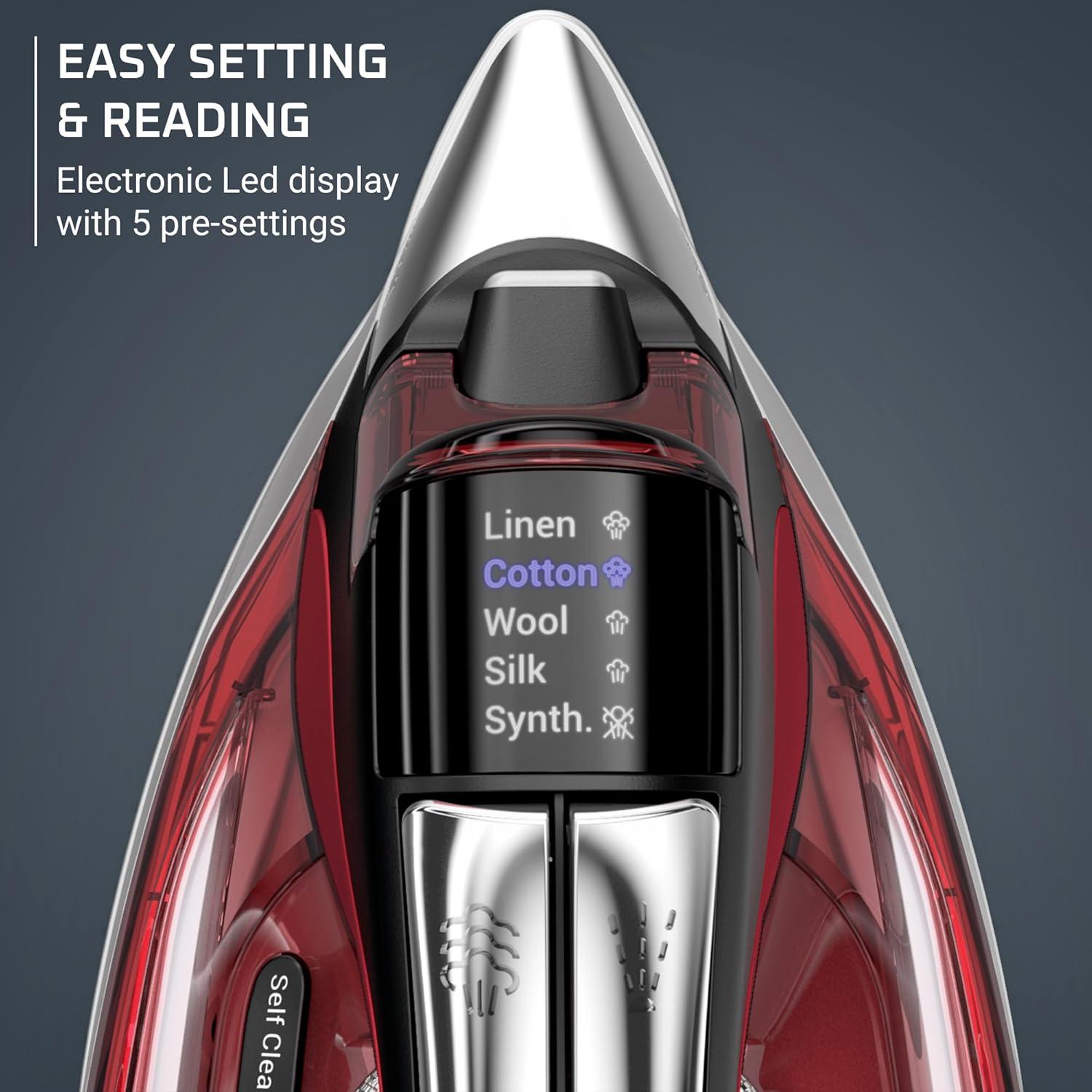 image:imageRowenta Iron Focus Excellence Stainless Steel Soleplate Steam Iron for Clothes Retractable Cord 400 Microsteam Holes Powerful steam LED Display 1750 W Ironing Clothes Cordreel Red DW5433Powerful Steam Boost Retractable Cord