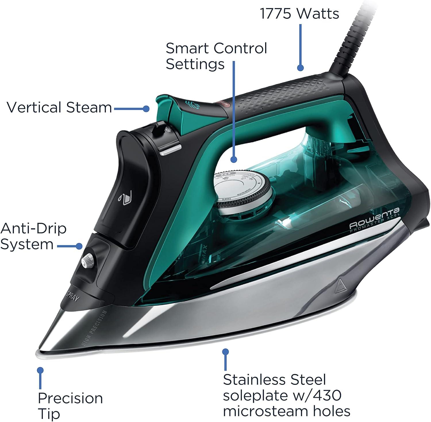 image:imageRowenta Iron Focus Excellence Stainless Steel Soleplate Steam Iron for Clothes Retractable Cord 400 Microsteam Holes Powerful steam LED Display 1750 W Ironing Clothes Cordreel Red DW5433Powerful Steam