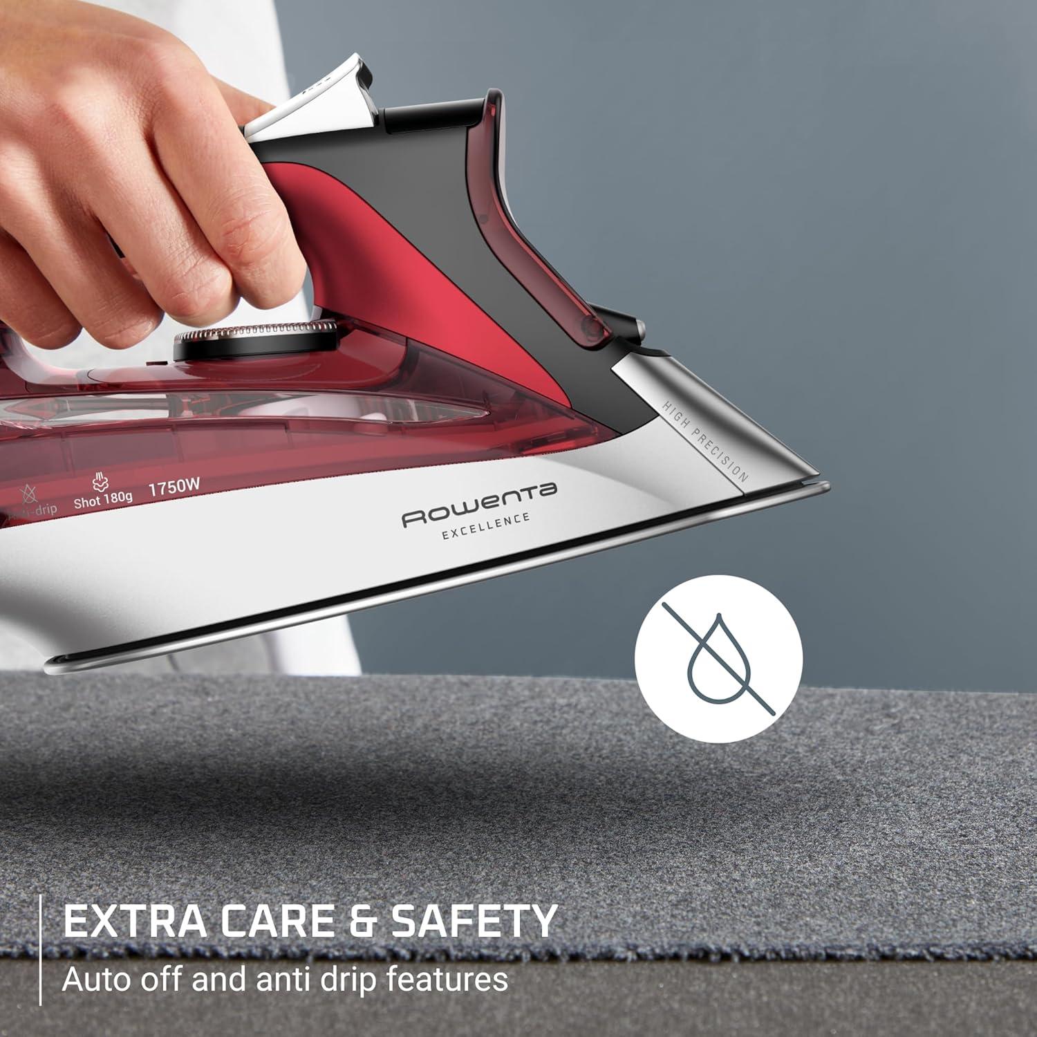 image:imageRowenta Iron Focus Excellence Stainless Steel Soleplate Steam Iron for Clothes Retractable Cord 400 Microsteam Holes Powerful steam LED Display 1750 W Ironing Clothes Cordreel Red DW5433Powerful Steam Boost Retractable Cord