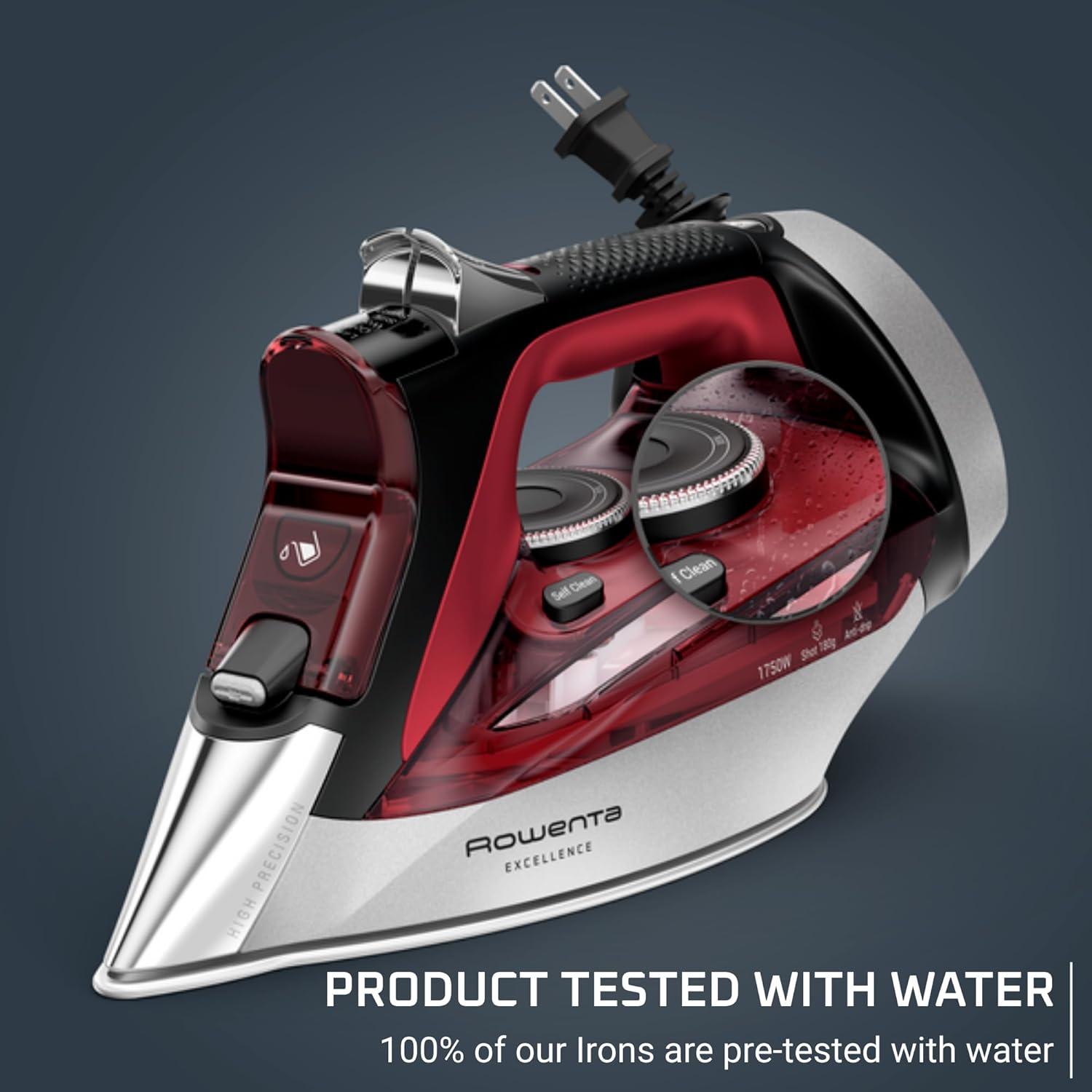image:imageRowenta Iron Focus Excellence Stainless Steel Soleplate Steam Iron for Clothes Retractable Cord 400 Microsteam Holes Powerful steam LED Display 1750 W Ironing Clothes Cordreel Red DW5433Powerful Steam Boost Retractable Cord