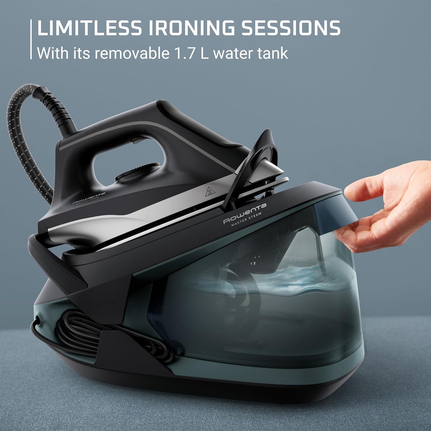 image:imageRowenta Iron Steamer for Clothes Master Steam Station Professional Steam Iron for Clothes with Stainless Steel Soleplate 57 Oz 400 Microsteam Holes BuiltIn Pump 1750 Watts BlackGreen VR8338XL Steam Sessions