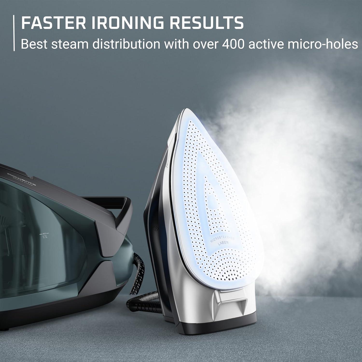 image:imageRowenta Iron Steamer for Clothes Master Steam Station Professional Steam Iron for Clothes with Stainless Steel Soleplate 57 Oz 400 Microsteam Holes BuiltIn Pump 1750 Watts BlackGreen VR8338XL Steam Sessions