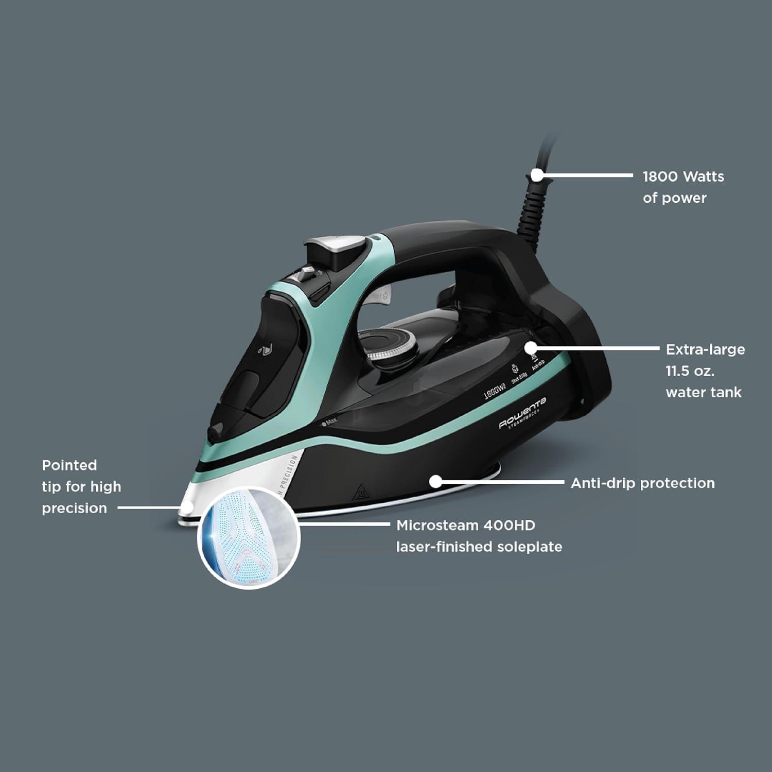 image:imageRowenta Iron Steamer for Clothes Master Steam Station Professional Steam Iron for Clothes with Stainless Steel Soleplate 57 Oz 400 Microsteam Holes BuiltIn Pump 1750 Watts BlackGreen VR8338Extra Steam Power Great Steam Distribution