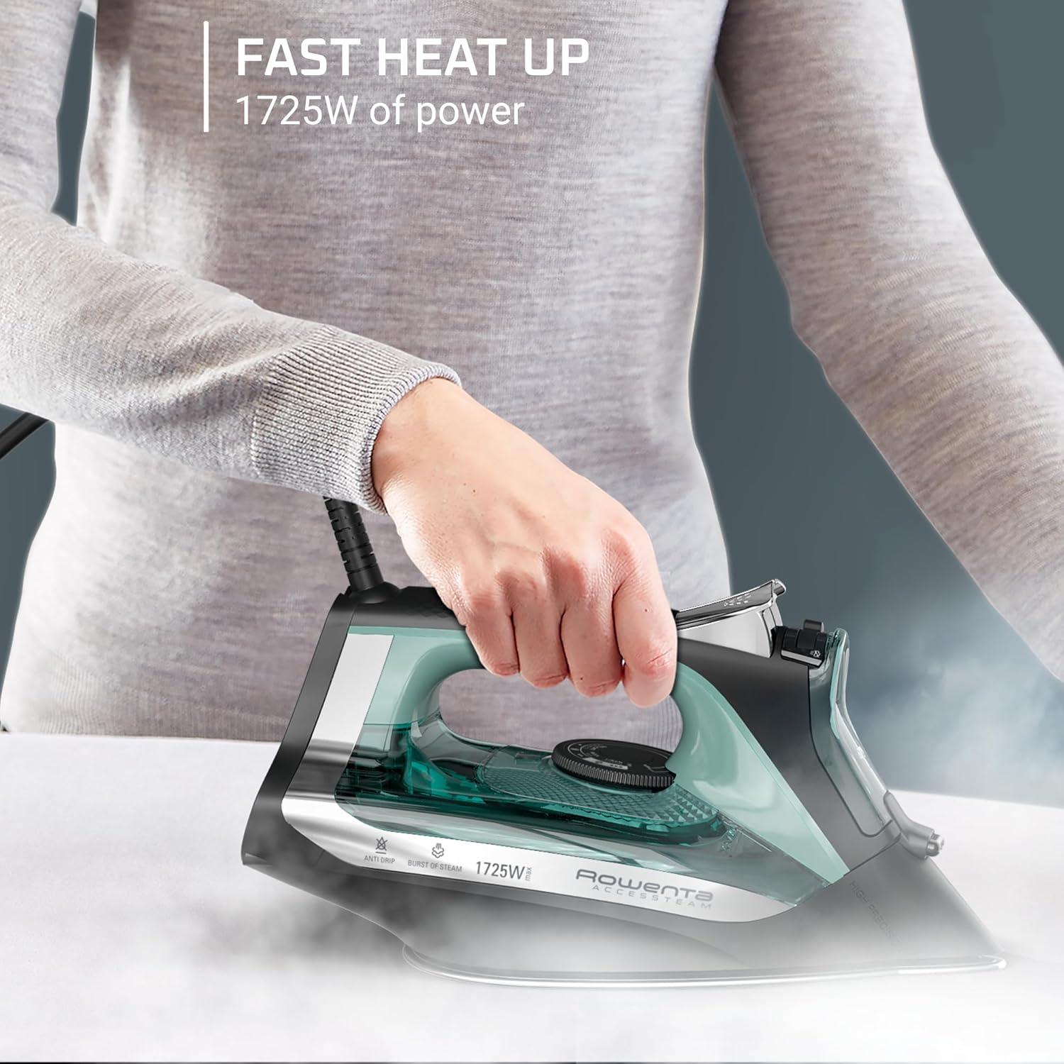 image:imageRowenta Iron Steamer for Clothes Stainless Steel Soleplate Steam Iron 300 Microsteam Holes 1725 Watts Vertical Steaming Powerful Steam Lightweight Autooff Green DW2364