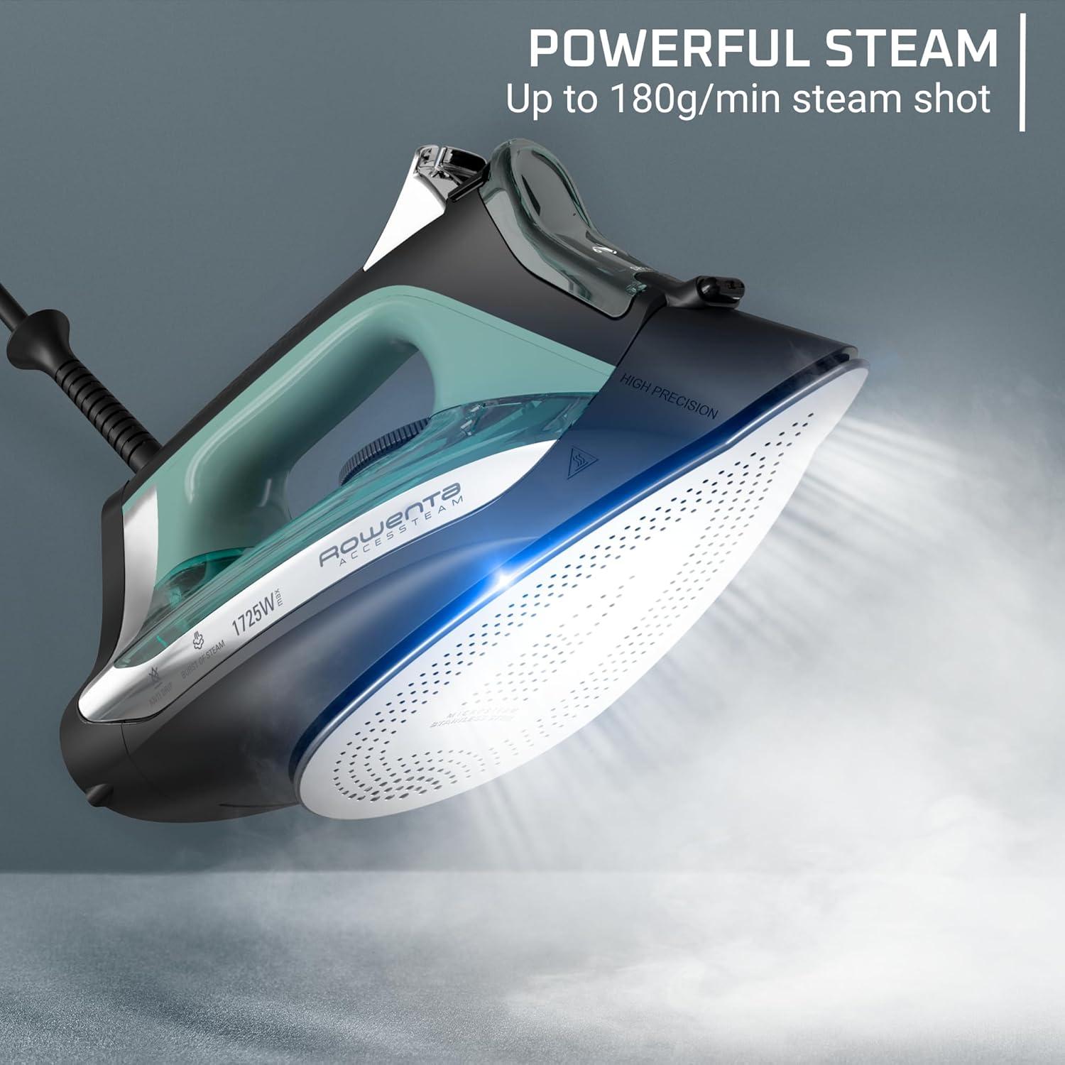 image:imageRowenta Iron Steamer for Clothes Stainless Steel Soleplate Steam Iron 300 Microsteam Holes 1725 Watts Vertical Steaming Powerful Steam Lightweight Autooff Green DW2364