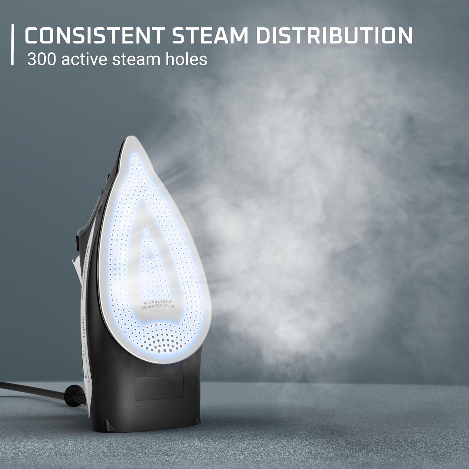image:imageRowenta Iron Steamer for Clothes Stainless Steel Soleplate Steam Iron 300 Microsteam Holes 1725 Watts Vertical Steaming Powerful Steam Lightweight Autooff Green DW2364