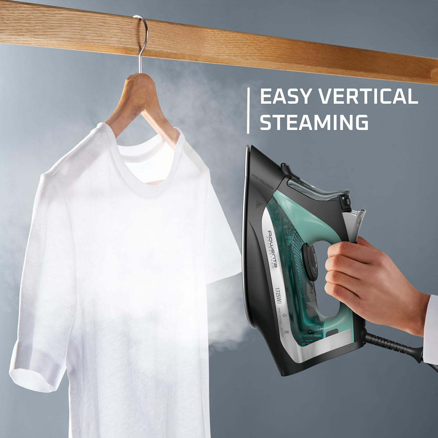 image:imageRowenta Iron Steamer for Clothes Stainless Steel Soleplate Steam Iron 300 Microsteam Holes 1725 Watts Vertical Steaming Powerful Steam Lightweight Autooff Green DW2364
