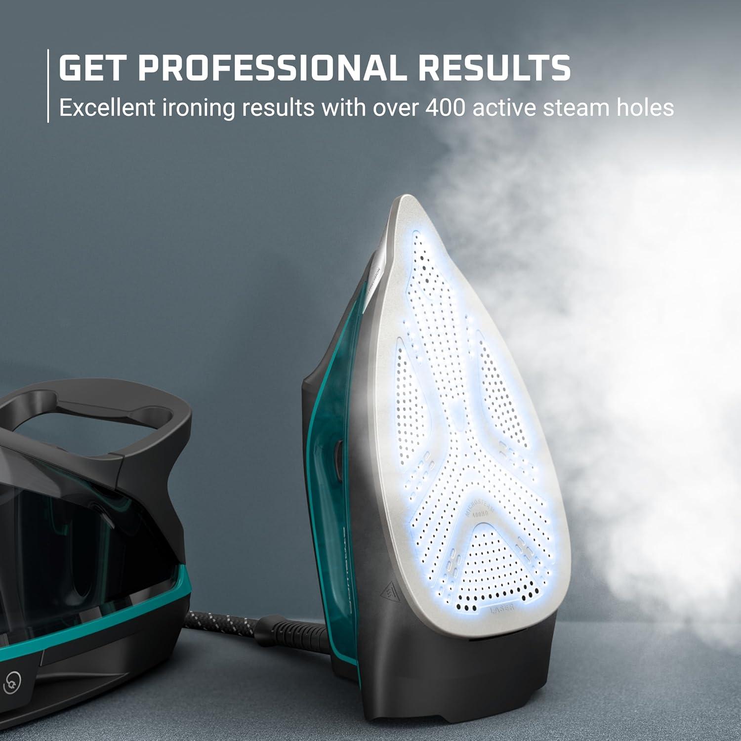 image:imageRowenta Iron for Clothes High Pressure Steamer Iron with Boiler System 400 Steam Holes Vertical Steaming 37oz Tank Stainless Steel Soleplate AutoOff 1800 watts Black Green DG7626