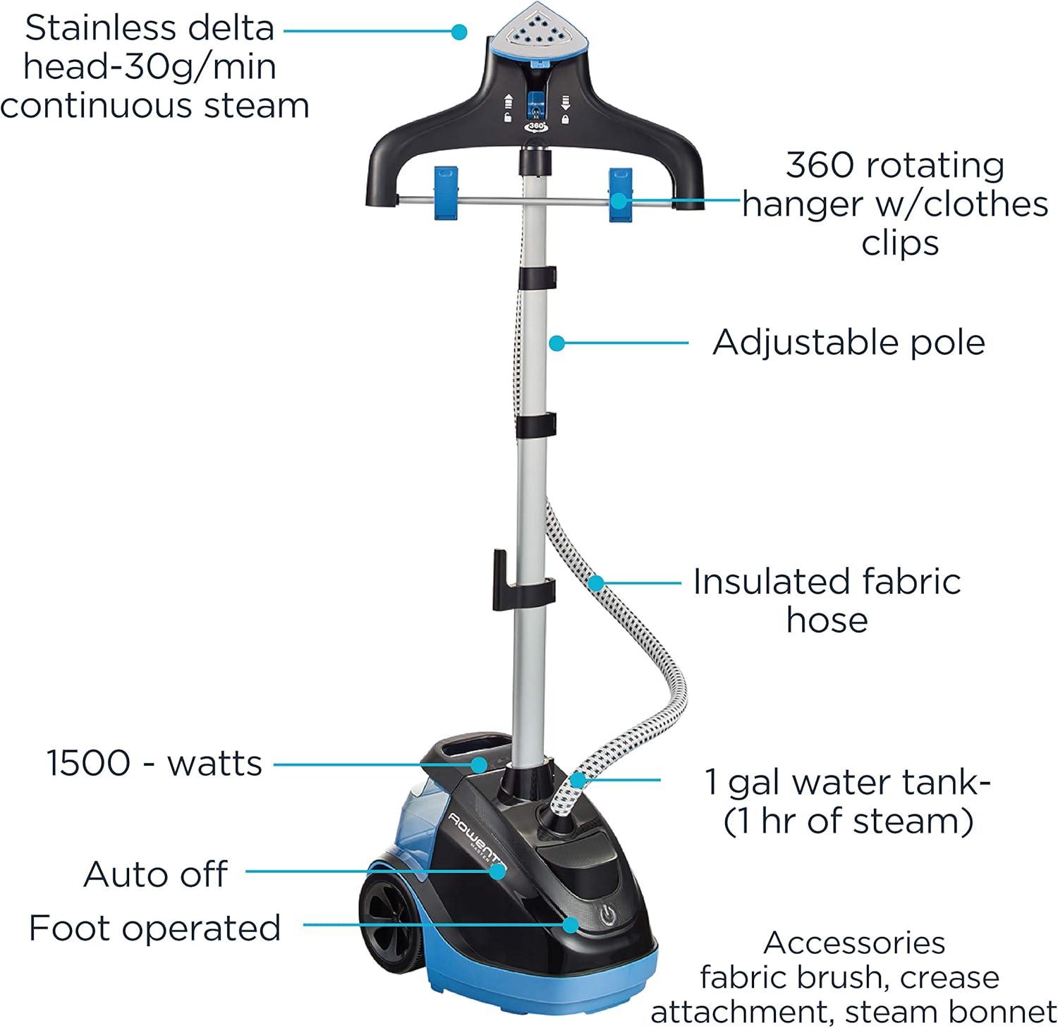 image:imageRowenta Steamer for Clothes Pro Style Full Size Steamer with 45 second heatup amp Removable 50 oz Water Tank 1500 Watts Included Clips to Hang Clothes Ironing Black Clothes Steamer IS2461Rotating Hanger