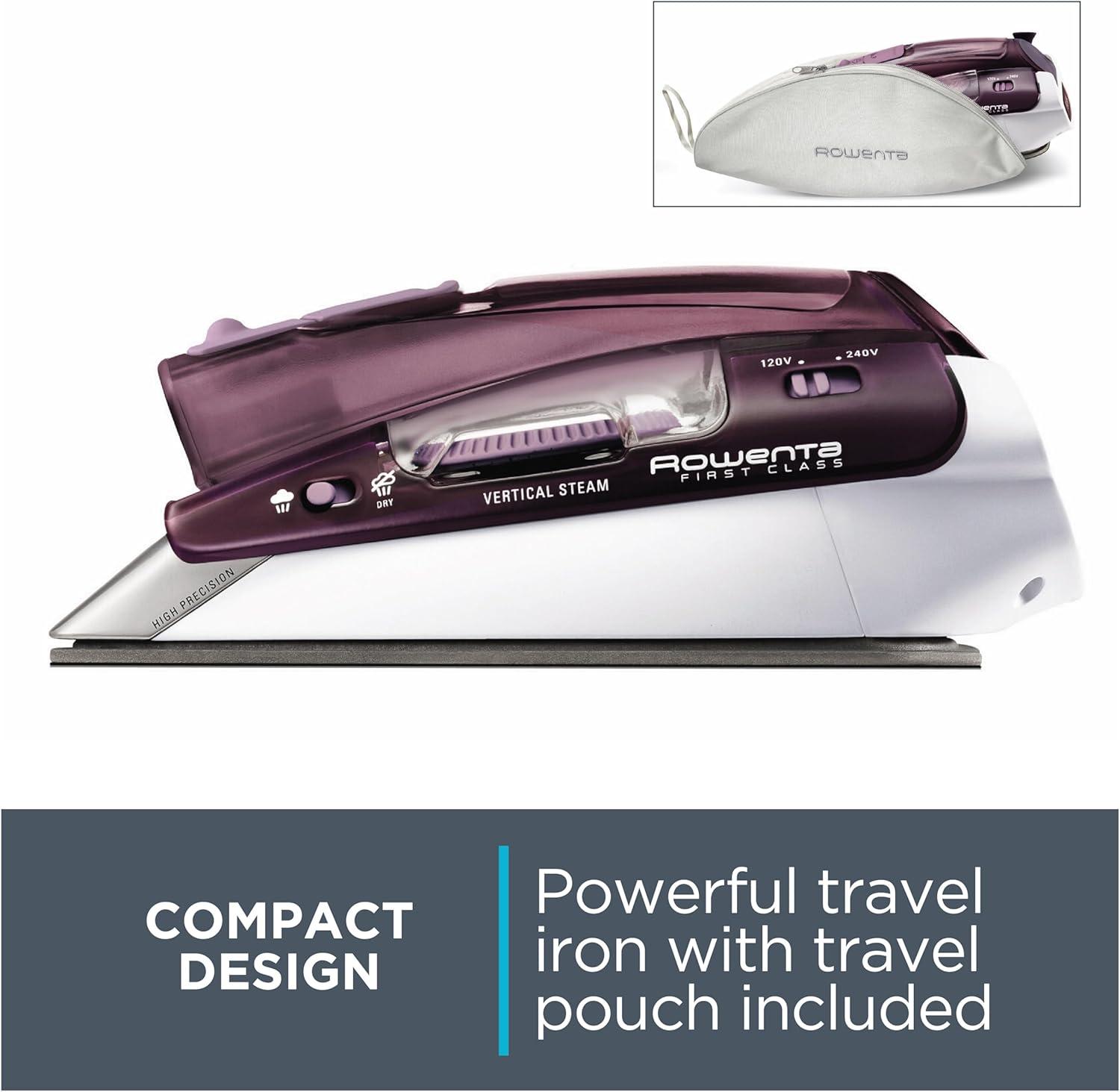 image:imageRowenta Travel Iron Pro Compact Stainless Steel Soleplate Hand Held Steamer Iron for Clothes 200 Microsteam Holes 1000 Watts Ironing Fabric Steamer Dual Voltage Mini Iron Purple DA1560Purple
