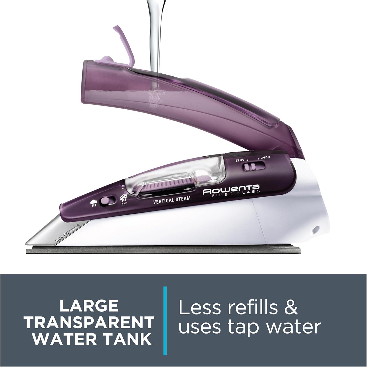 image:imageRowenta Travel Iron Pro Compact Stainless Steel Soleplate Hand Held Steamer Iron for Clothes 200 Microsteam Holes 1000 Watts Ironing Fabric Steamer Dual Voltage Mini Iron Purple DA1560Purple