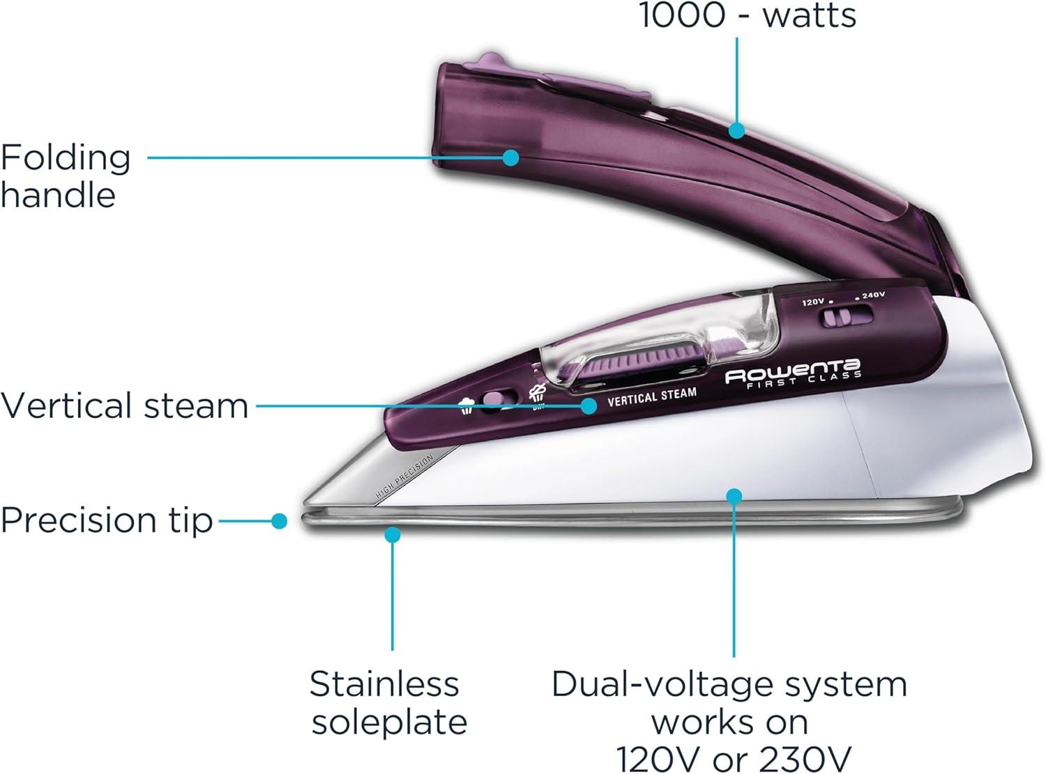 image:imageRowenta Travel Iron Pro Compact Stainless Steel Soleplate Hand Held Steamer Iron for Clothes 200 Microsteam Holes 1000 Watts Ironing Fabric Steamer Dual Voltage Mini Iron Purple DA1560Purple