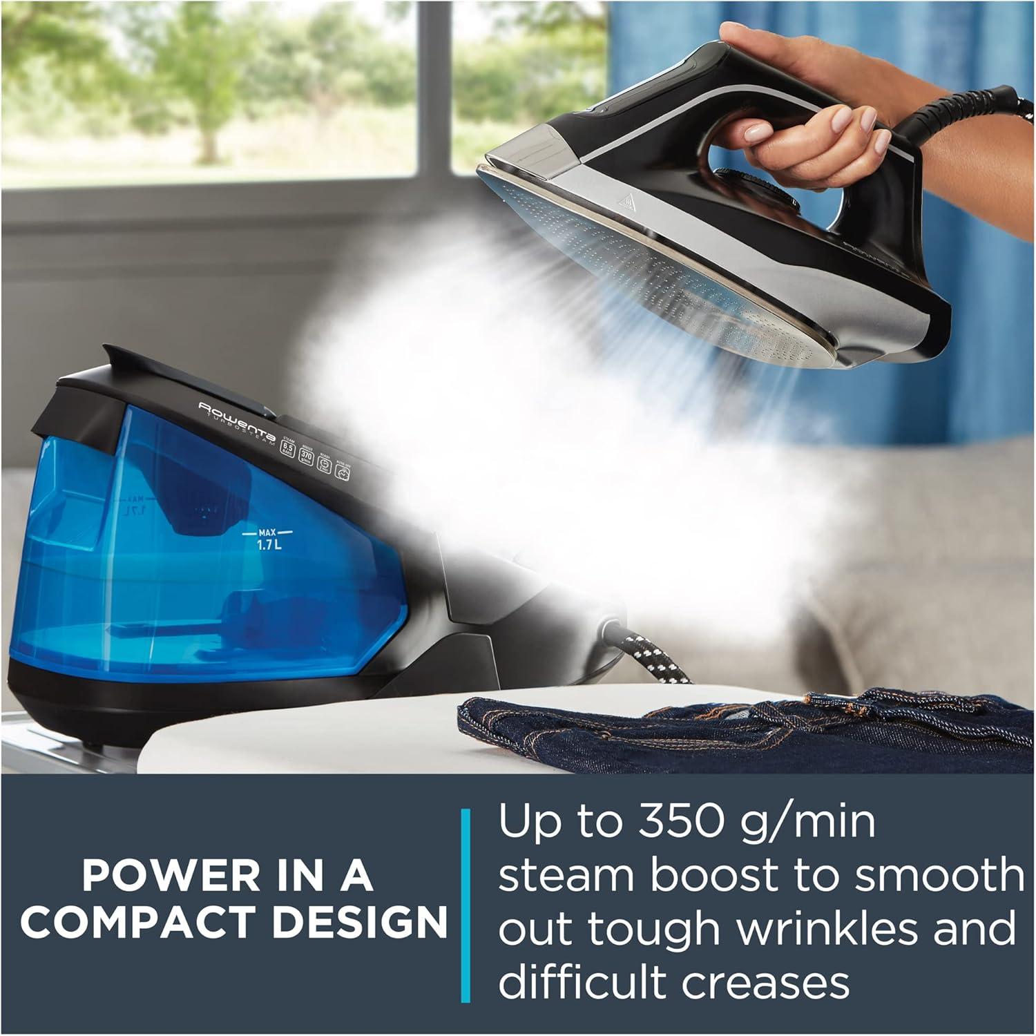 image:imageRowenta Compact Stainless Steel Soleplate Professional Steam Station for Clothes 57 Ounce Removable Tank Lightweight Compact 1500 Watts Iron Fabric Steamer Garment Steamer Black and Blue VR832450 More Steam 57oz Removable Tank