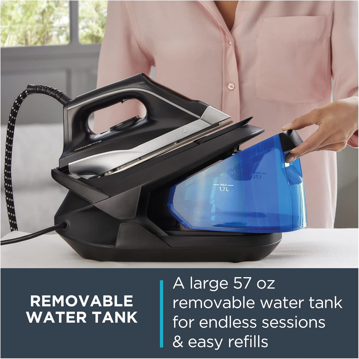 image:imageRowenta Compact Stainless Steel Soleplate Professional Steam Station for Clothes 57 Ounce Removable Tank Lightweight Compact 1500 Watts Iron Fabric Steamer Garment Steamer Black and Blue VR832450 More Steam 57oz Removable Tank