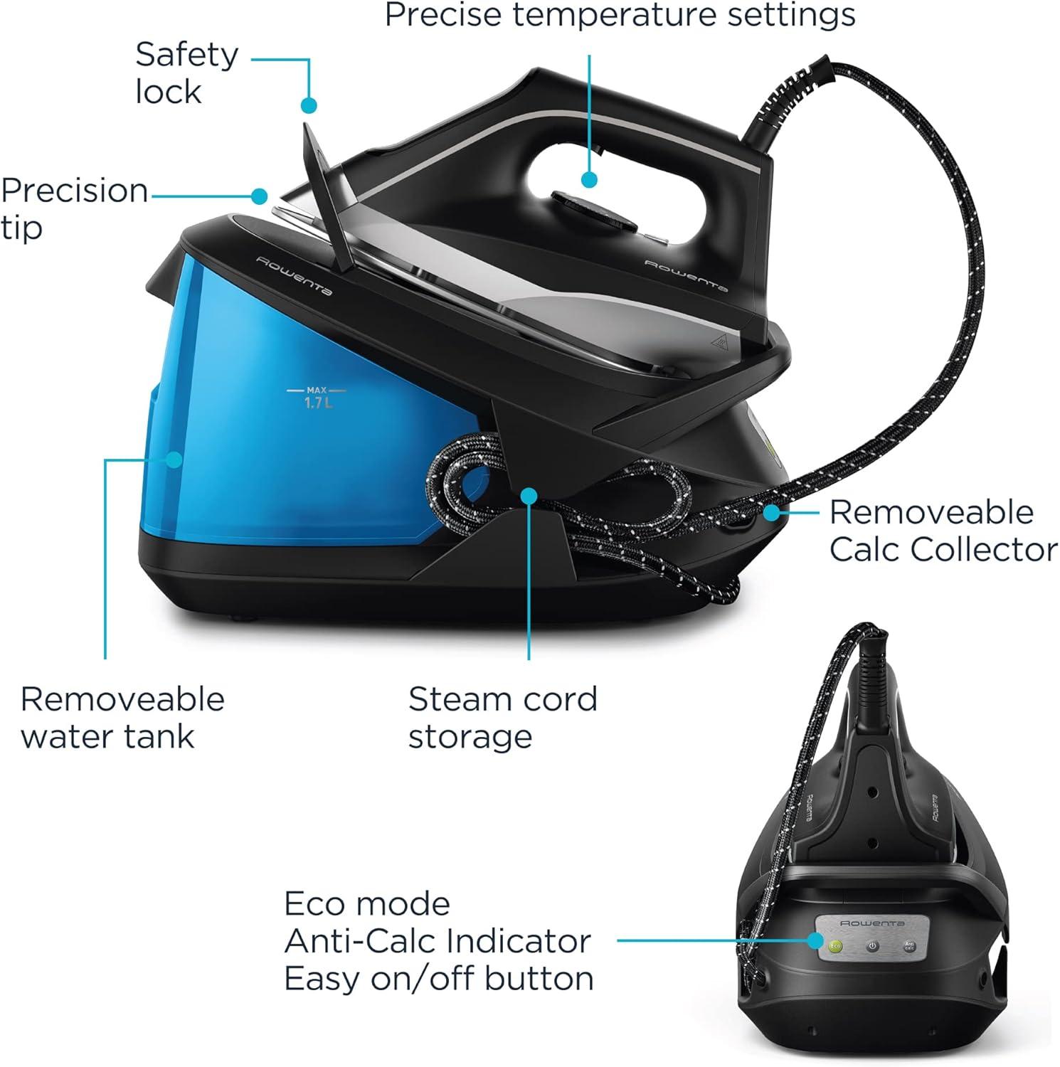 image:imageRowenta Compact Stainless Steel Soleplate Professional Steam Station for Clothes 57 Ounce Removable Tank Lightweight Compact 1500 Watts Iron Fabric Steamer Garment Steamer Black and Blue VR832450 More Steam 57oz Removable Tank